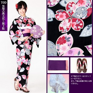 愛姫☆乙女心古典浴衣4点セットT0D(黒地古典大花×紫下駄)